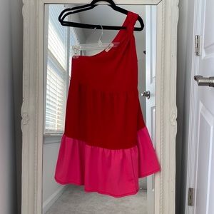 Entro color block one shoulder dress pink ruffle bottom